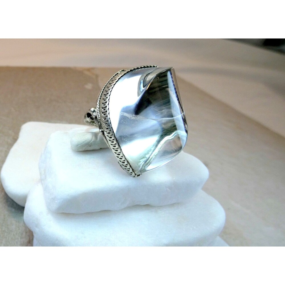 Large Clear Quartz Sterling Silver Ornate Statement Ring 7.5